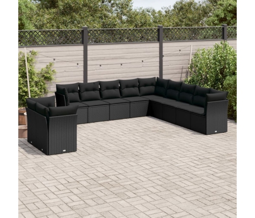 Set de sofás de jardín 11 pzas y cojines ratán sintético negro