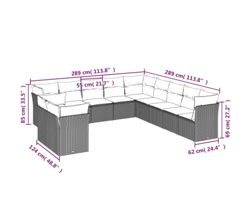 Set de sofás de jardín 11 pzas y cojines ratán sintético gris