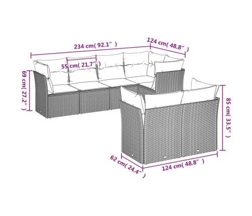 Set de comedor de jardín 7 pzas y cojines ratán sintético negro