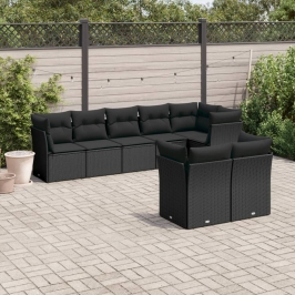 Set de sofás de jardín 8 piezas y cojines ratán sintético negro