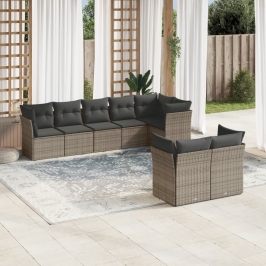 Set de sofás de jardín 8 pzas y cojines ratán sintético gris