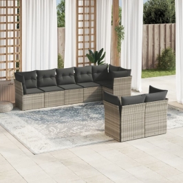 Set de sofás de jardín 8 pzas y cojines ratán sintético gris
