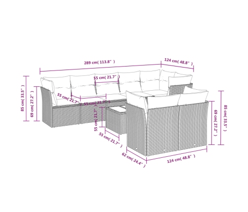 Set de sofás de jardín 9 pzas con cojines ratán sintético beige