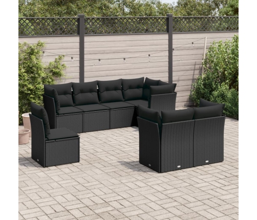 Set de sofás de jardín 8 piezas y cojines ratán sintético negro