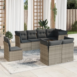 Set de sofás de jardín 8 pzas y cojines ratán sintético gris