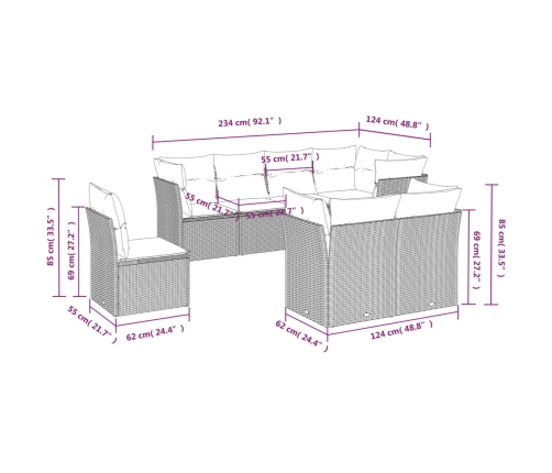 Set de sofás de jardín 8 pzas y cojines ratán sintético gris