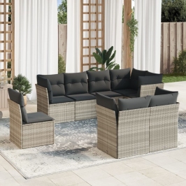 Set de sofás de jardín 8 pzas y cojines ratán sintético gris
