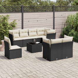 Set de sofás de jardín 8 piezas y cojines ratán sintético negro