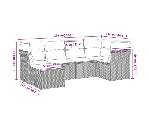 Set de muebles de jardín 6 pzas y cojines ratán sintético gris