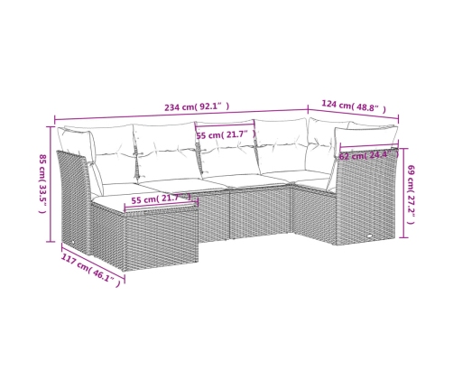 Set sofás de jardín 6 piezas y cojines ratán sintético marrón