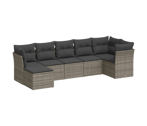 Set de sofás de jardín 7 piezas con cojines ratán PE gris