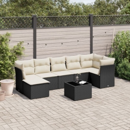 Set de sofás de jardín 8 piezas y cojines ratán sintético negro