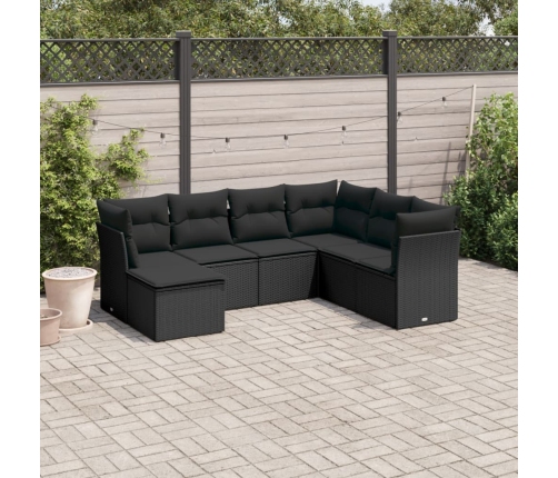 Set de comedor de jardín 7 pzas y cojines ratán sintético negro