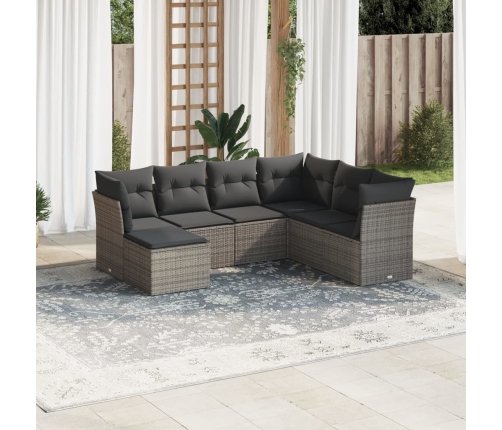 Set de sofás de jardín 7 piezas con cojines ratán PE gris