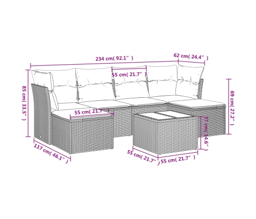 Set de comedor de jardín 7 pzas y cojines ratán sintético negro