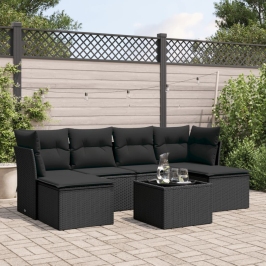 Set de comedor de jardín 7 pzas y cojines ratán sintético negro