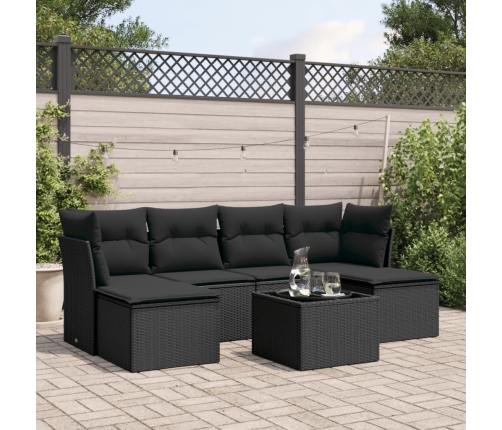 Set de comedor de jardín 7 pzas y cojines ratán sintético negro