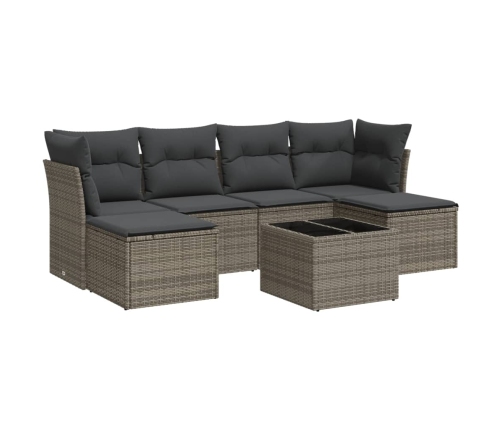 Set de sofás de jardín 7 piezas con cojines ratán PE gris