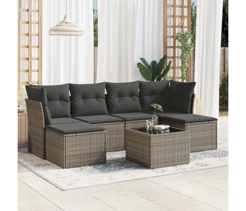 Set de sofás de jardín 7 piezas con cojines ratán PE gris