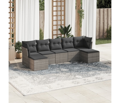 Set de sofás de jardín 7 piezas con cojines ratán PE gris