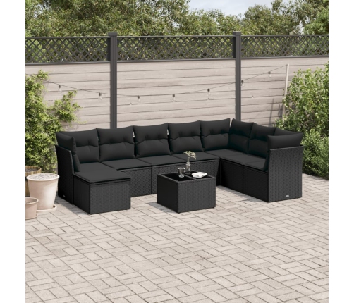 Set de sofás de jardín 8 piezas y cojines ratán sintético negro