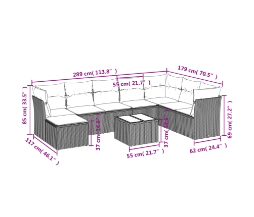 Set de muebles de jardín 9 pzas y cojines ratán sintético gris