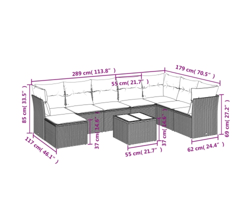Set muebles jardín 9 pzas y cojines ratán sintético gris claro