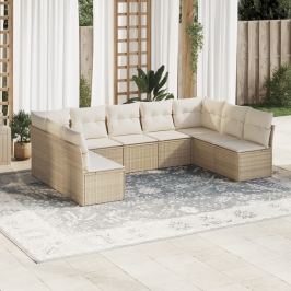 Set de sofás de jardín 9 pzas con cojines ratán sintético beige