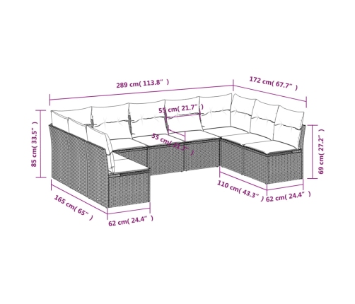 Set de sofás de jardín 9 pzas con cojines ratán sintético beige