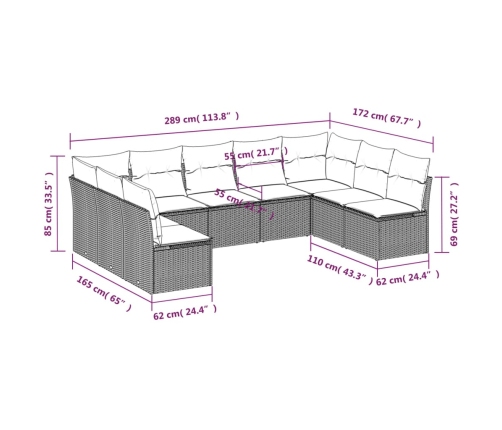 Set muebles jardín 9 pzas y cojines ratán sintético gris claro