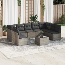 Set de sofás de jardín 10 pzas con cojines ratán sintético gris