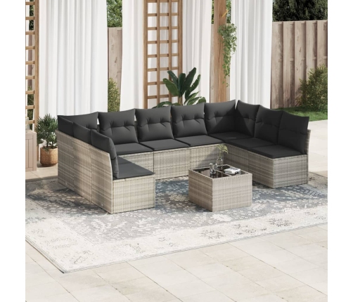 Set sofás jardín 10 pzas con cojines ratán sintético gris claro