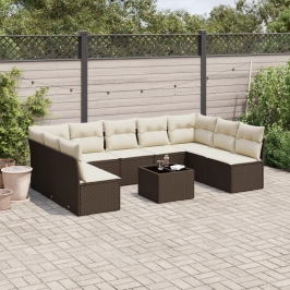 Set de sofás de jardín 10 pzas y cojines ratán sintético marrón