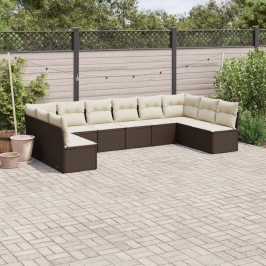 Set de sofás de jardín 10 pzas y cojines ratán sintético marrón
