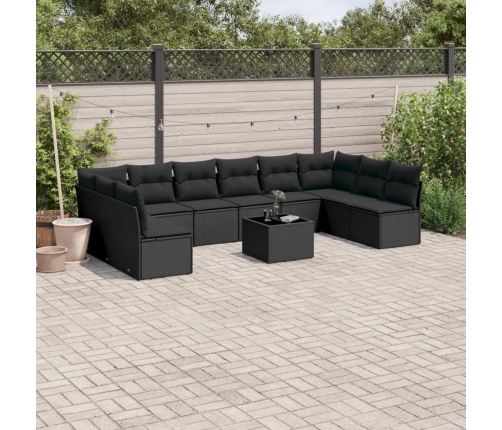 Set de sofás de jardín 11 pzas y cojines ratán sintético negro