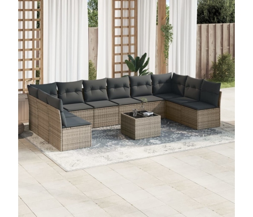 Set de sofás de jardín 11 pzas y cojines ratán sintético gris