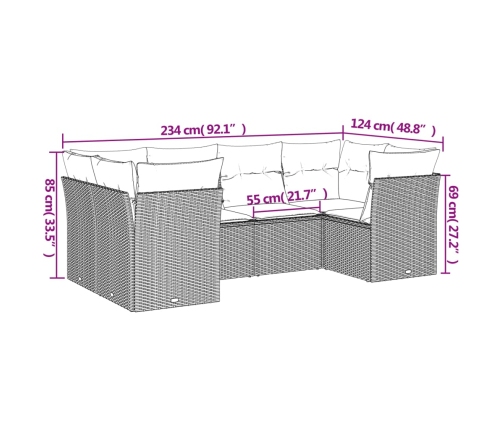 Set sofás de jardín 6 piezas y cojines ratán sintético marrón