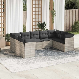 Set muebles jardín 9 pzas y cojines ratán sintético gris claro