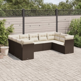 Set de sofás de jardín 9 pzas y cojines ratán sintético marrón
