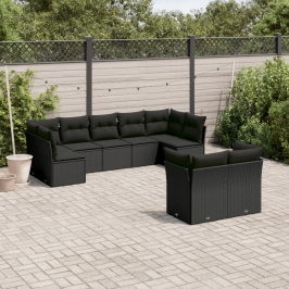 Set de sofás de jardín 8 piezas y cojines ratán sintético negro