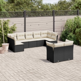 Set de sofás de jardín 8 piezas y cojines ratán sintético negro