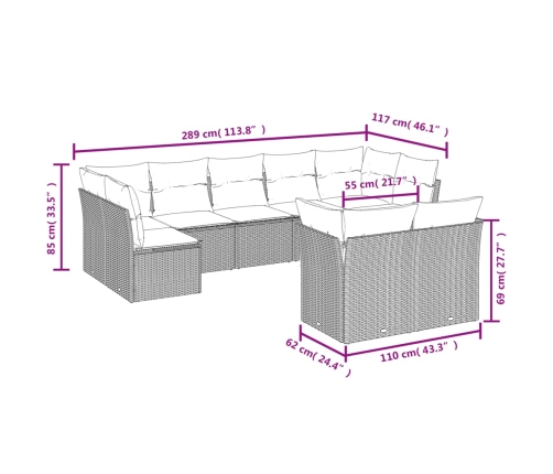 Set de muebles de jardín 9 pzas y cojines ratán sintético gris