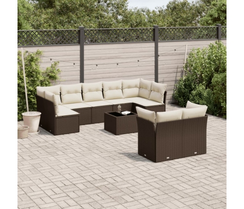 Set de sofás de jardín 10 pzas y cojines ratán sintético marrón