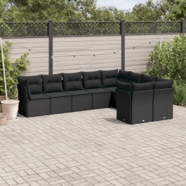 Set de sofás de jardín 8 piezas y cojines ratán sintético negro