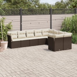 Set de sofás de jardín 9 pzas y cojines ratán sintético marrón