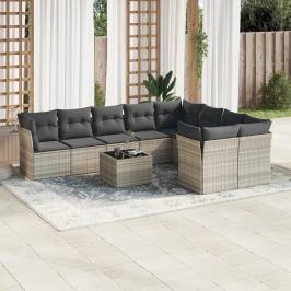 Set sofás jardín 10 pzas con cojines ratán sintético gris claro