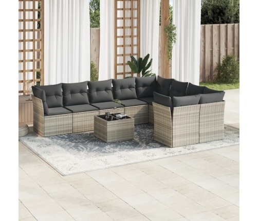 Set sofás jardín 10 pzas con cojines ratán sintético gris claro