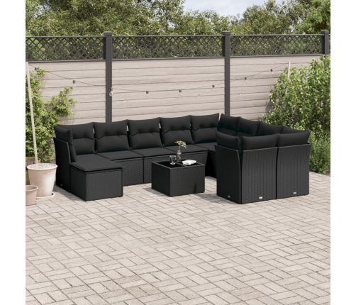 Set de sofás de jardín 10 pzas cojines ratán sintético negro