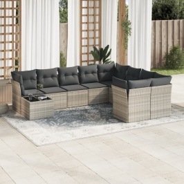 Set sofás jardín 10 pzas con cojines ratán sintético gris claro