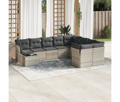 Set sofás jardín 10 pzas con cojines ratán sintético gris claro
